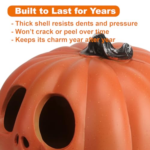 9-Inch Jack O Lantern Halloween Pumpkin Lantern Lighted Decor - Indoor/Outdoor, LED Bulb, Weather-Resistant, Shatterproof, Family Safe, Variation of Skull
