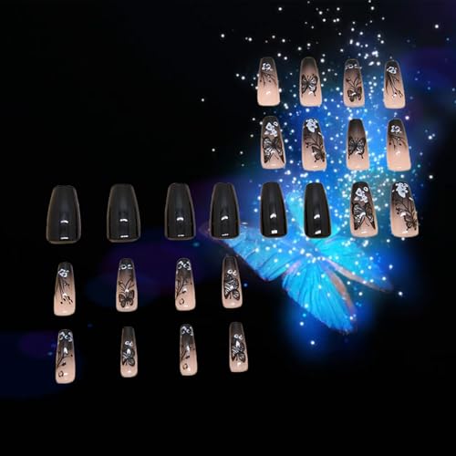 Square Black Butterfly Press On Nails with White Flower Design - Medium Coffin Fake Nails for Manicure