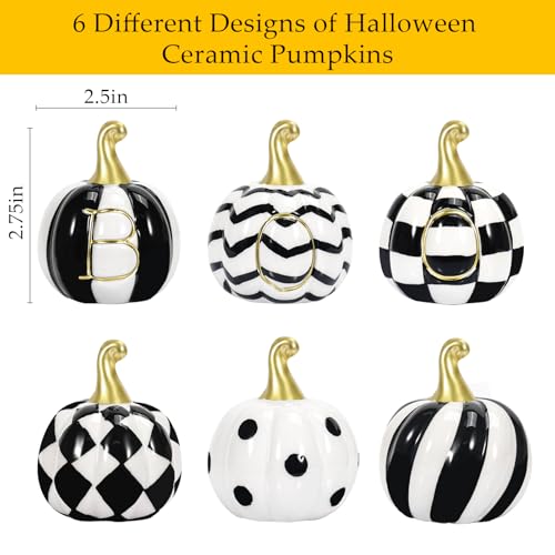 Ceramic Halloween Pumpkin Decor Set - 6 Black & White Buffalo Plaid, Polka Dots & Stripes, Fall & Thanksgiving Decor