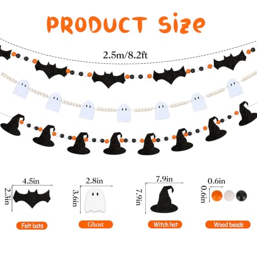 Halloween Bead Garland Set with Ghost Bat & Witch Hat Decorations - Indoor Mantel & Tiered Tray Decor