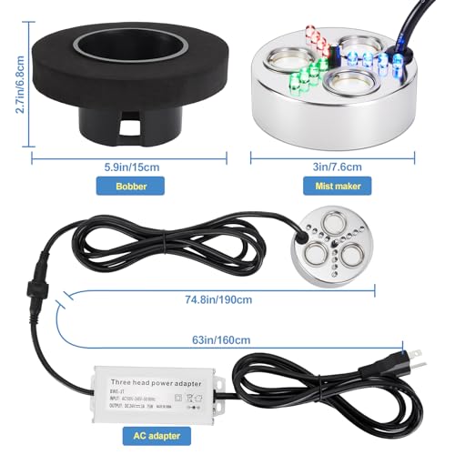 Floating Pond Fogger with LED Lights - 3-Head Ultrasonic Mist Maker 1500ml/h for Water Features & Halloween Decor