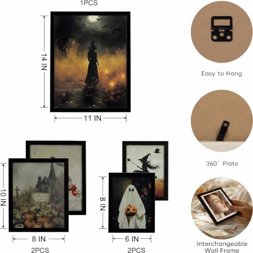 Halloween Wall Art Decor Set - Framed 5 Pack with Black Frames & Custom Sizes (Black / Halloween)