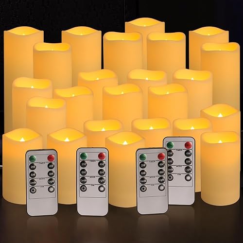 Ivory 24 Pack Waterproof Outdoor Flameless LED Candles with Remote & Timer - 3 Sizes