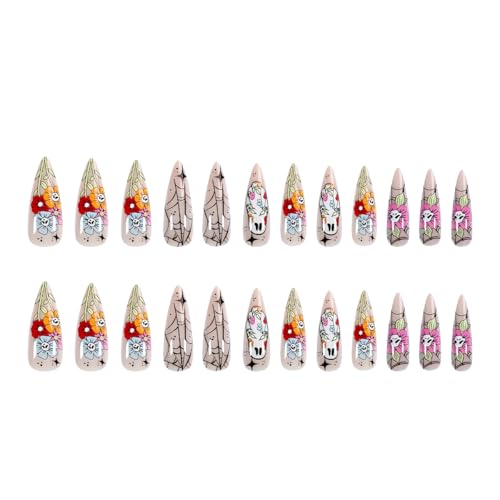 Halloween Long Almond Press-On Nails with Stars Spider Web Ghost Designs - Q24