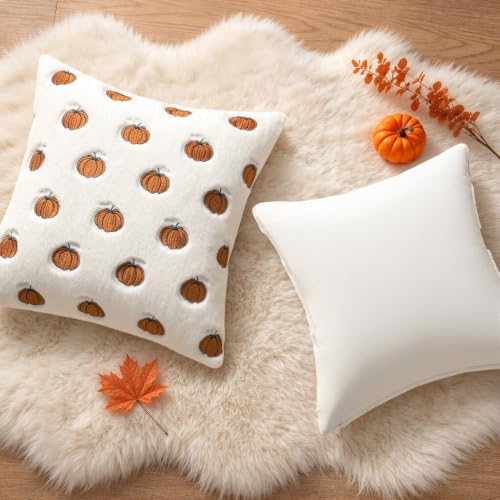 MIULEE Fall Pumpkin Embroidered Pillow Covers 18x18 - Rust & White, Pack of 2