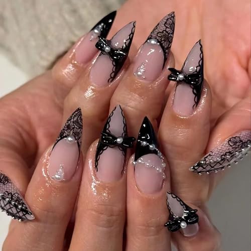 BABALAL Gothic Lace & Pearl Fake Nails - ANE04-04 Medium Almond Press-On 24Pcs
