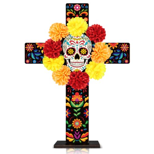 Colorful Large Day of the Dead Wooden Cross Tabletop Decor - Mexican Halloween Altar Centerpiece
