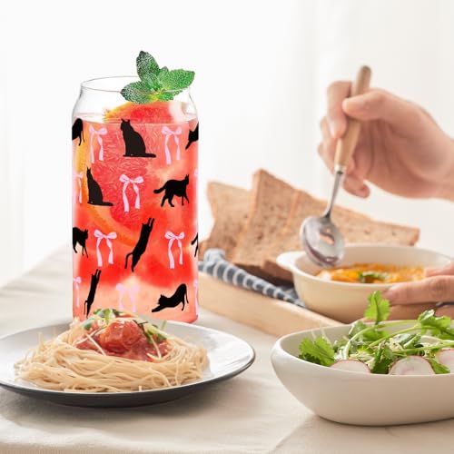 Cat & Bow Iced Coffee Cup - Halloween Glass Tumbler Gift for Cat Lovers - 16oz with Lid & Straw