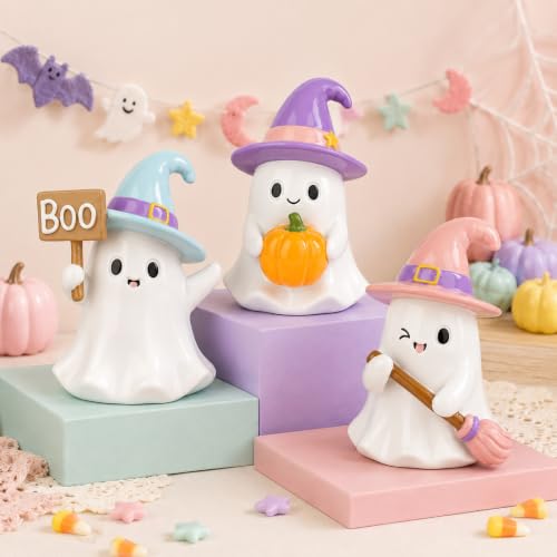 Pink Halloween Ghost Figurines Set of 3 with Pumpkins - Fall Decor