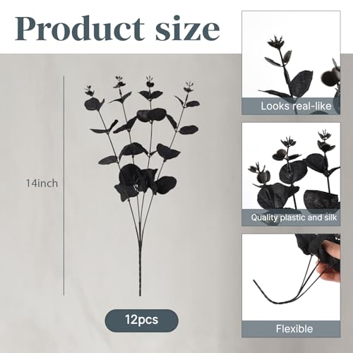 Artificial Black Eucalyptus Stems 12 Pcs 14 Inch Faux Eucalyptus Branches for Decor