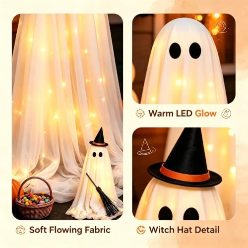 Halloween Ghost Decorations Lighted Indoor Outdoor Set - Adjustable Height Spooky Decor