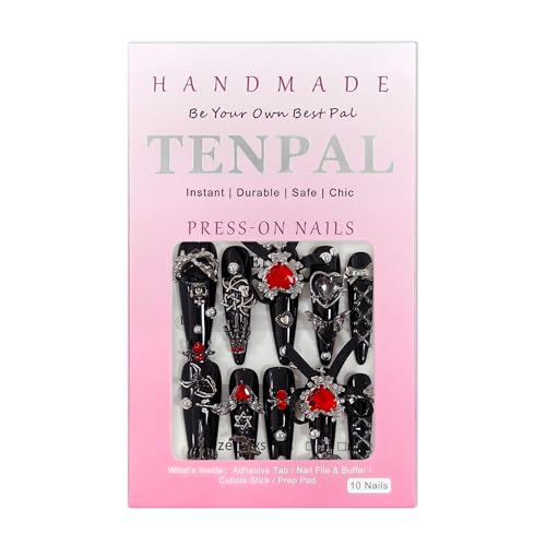 Long Stiletto Press-On Nails Black Red Spider Gothic Variation #068 S