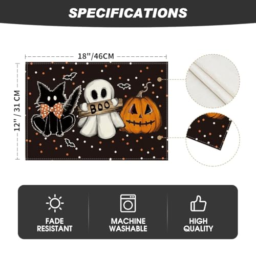 Black Cat Ghost Halloween Placemats Set of 4 - 12x18 Inch Rectangular