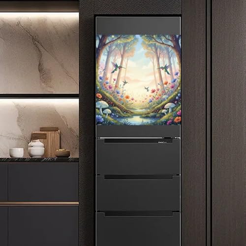 Spring Forest Floral Dishwasher Magnet Cover - Colorful Fridge Panel Decal, Trimmable 26x23 Inch, Bird & Flower Design