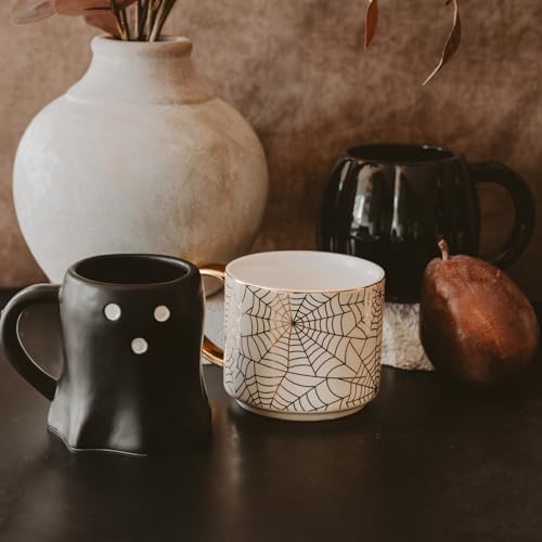 Halloween Spiderweb Mug with Gold Handle - 14oz Bone China Coffee Cup, Fall Seasonal Decor - Gold Spiderwebs Variation