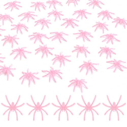 Halloween Mini Pink Fuzzy Spiders Set - 40 Pack for Decorations & Party Favors