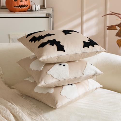 MAZSHTTD Halloween Pillow Covers 20x20 Inch Set of 2 Embroidered Ghost Decor Beige