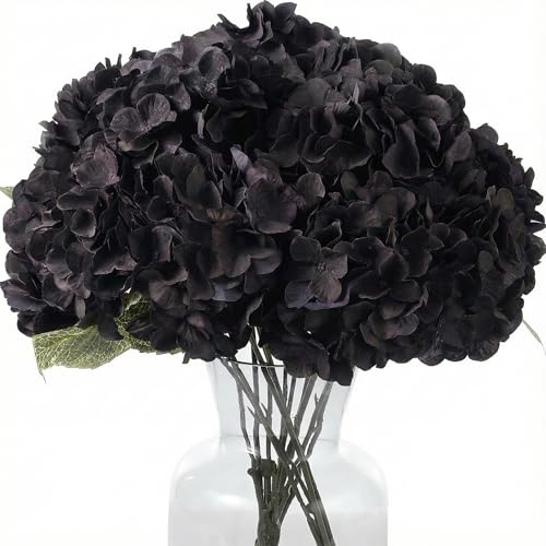 Artificial Hydrangea Flowers Bouquet - 20 Inches Black Silk Blooms, Full Stems, Realistic Decor