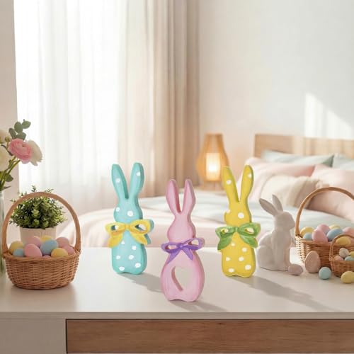Wooden Easter Bunny Decor Set - Pastel Polka Dot Spring Holiday Ornament