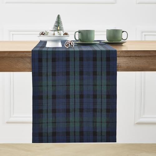 Pure Linen Table Runner 14x120 Inches Blue Green Plaid - Handcrafted, Eco-Friendly