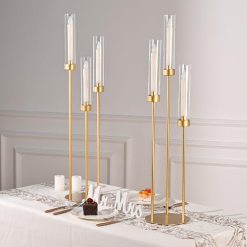 Gold 34in 2-Pack 3-Arm Wedding Centerpieces with LED Candles - Vincidern