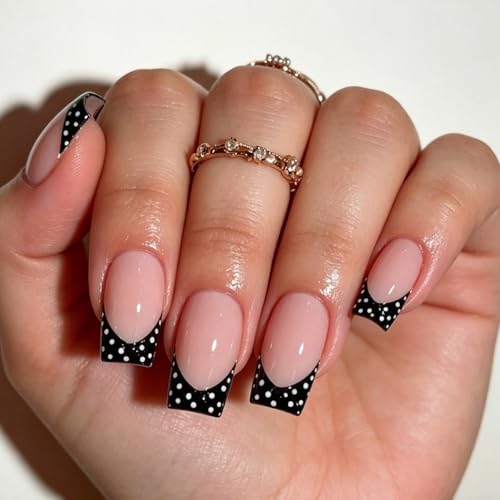 Black French Tip Press On Nails Short Square with White Polka Dots - Style 2