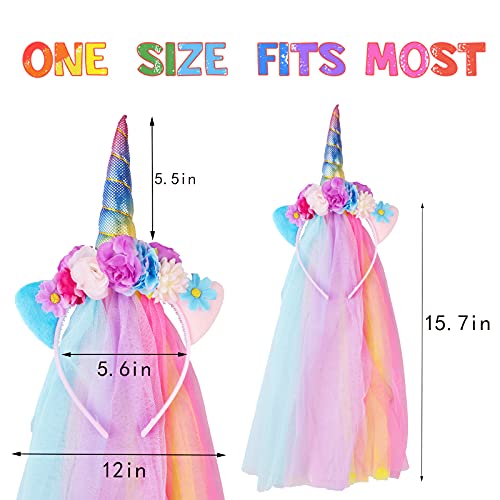 Unicorn Headband Set - Rainbow, Rose Gold & White Horns with Tulle for Birthday & Easter