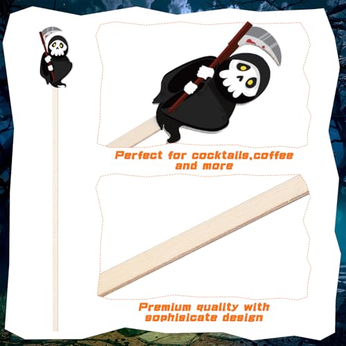 Halloween Wooden Coffee Stirrers - 100 Pcs, 7 Inch Disposable Stir Sticks with Vibrant Patterns