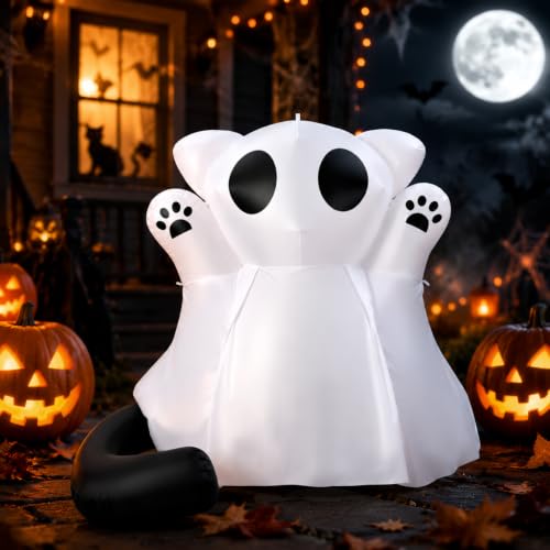 6 ft Ghost Cat Halloween Inflatable Decoration with LED Lights - Yard & Porch Decor