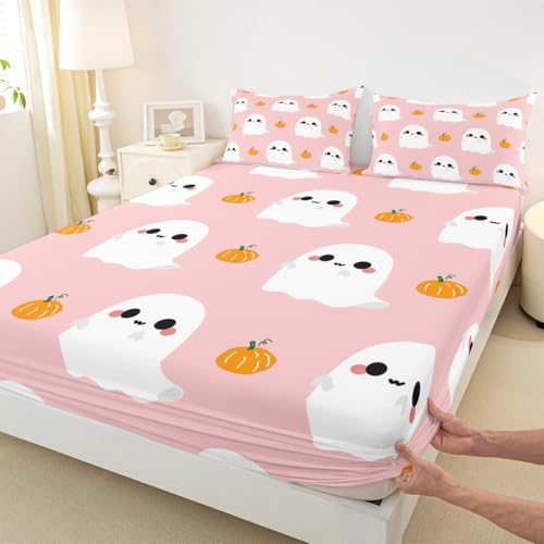 Full Size Cartoon Ghost Bed Sheets Set Halloween Pumpkin Decorations - Multi 21