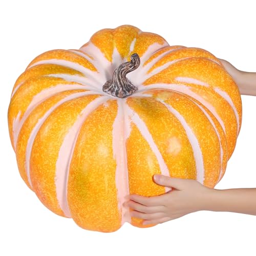 Large Artificial Pumpkin for Outdoors - Orange & White Stripe, 18.5in