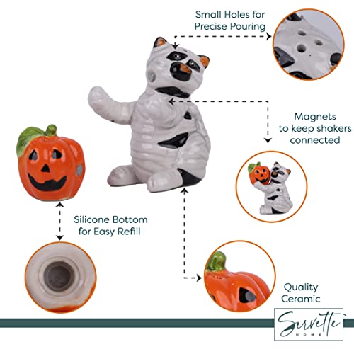 Salt and Pepper Shaker Set - Mummy Cat with Pumpkin Halloween Table Accessory