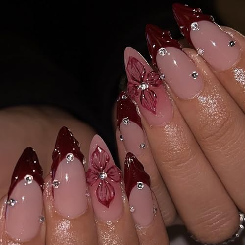 French Tip Press-On Nails Almond Medium with 3D Flowers - Style4