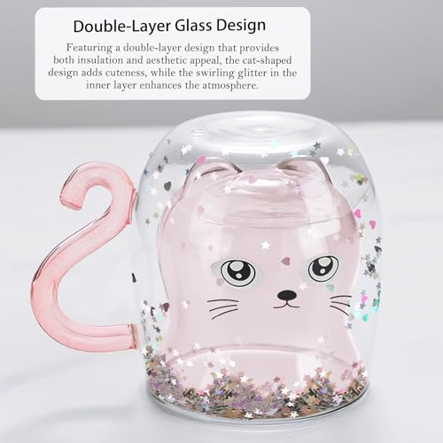 Glittery Pink Cat Mug - Double Walled Glass Coffee Latte Cup for Cat Lovers