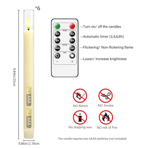 Ivory Flameless Taper Candles with Remote & Timer 6 Pack - Safe LED Holiday Decor