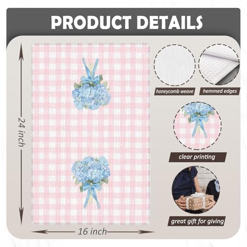 Hydrangea Floral Kitchen Towels - Pink & White Checkered Hand Dish Towels, 16x24 Inch, Variation 1