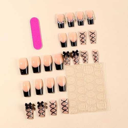 24Pcs Black French Press False Nails with Bow Tie Rhinestones - Reusable Acrylic Manicure Kit
