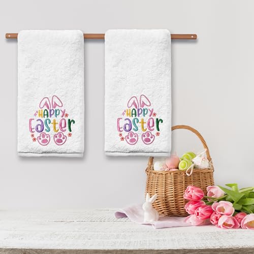 Easter Hand Towels Set of 2 - Pink Cotton Bunny Kitchen & Bathroom Decor 14x30 inches - Variation of Easter / 14x30 in