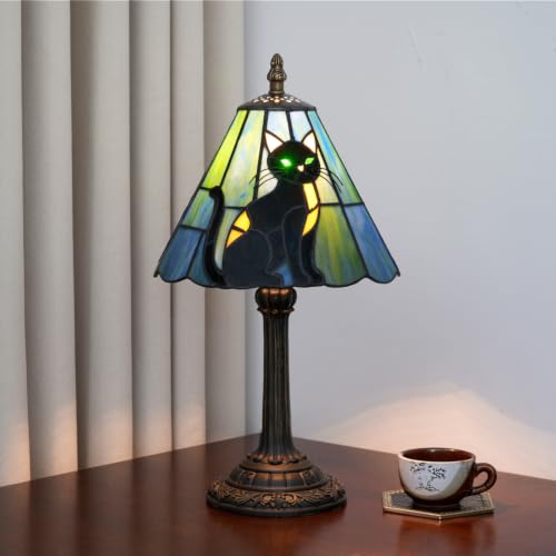 8-Inch Black Cat Tiffany Glass Table Lamp - Handcrafted Stained Glass Bedside Decor