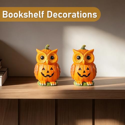 Halloween Pumpkin Owl Resin Decorations Set of 2 - Jack-O'-Lantern Variations