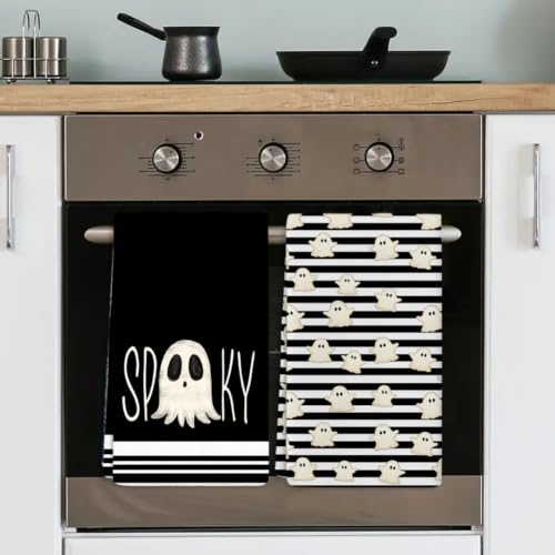 Ghost Striped Halloween Kitchen Towels - Spooky Decorative Dish Towels Set