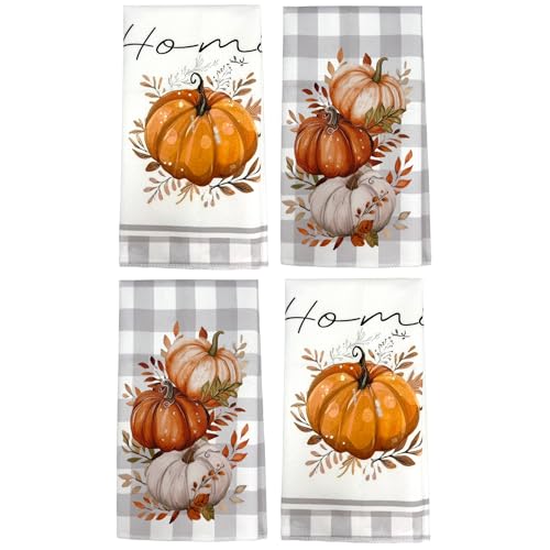 Fall Kitchen Towels Set of 4 - Pumpkin Buffalo Plaid Dish Towels - Grey Pumpkin