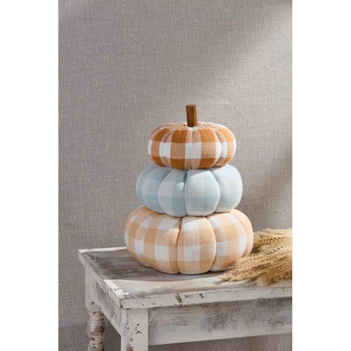 Gingham Stacked Pumpkins Decor - 15 Inch Fall Woven Cotton Halloween