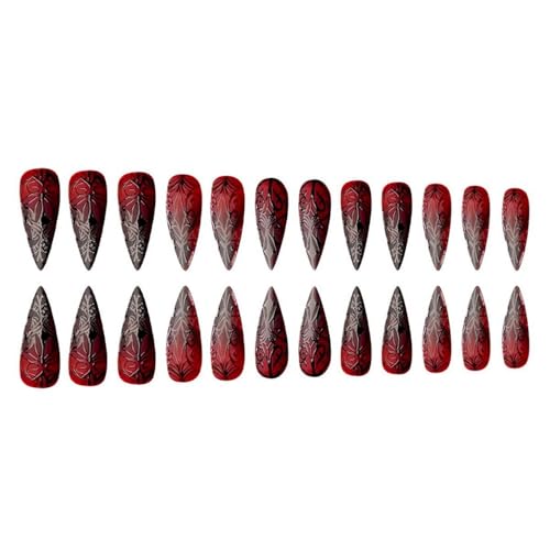 Halloween Press On Nails Red Black Gradient Fake Nails - Medium Almond, Reusable, 24 Pcs - Halloween Style 017