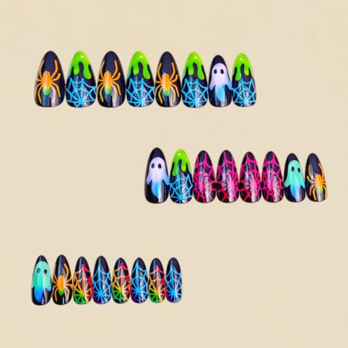 Halloween Design Medium Almond Press On Nails - Ghost & Spider Web Art, 24Pcs - Variation 5