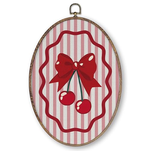 Preppy Red Cherry Bow Wall Art Decor - Oval Canvas, 11.4 x 8.6 inches
