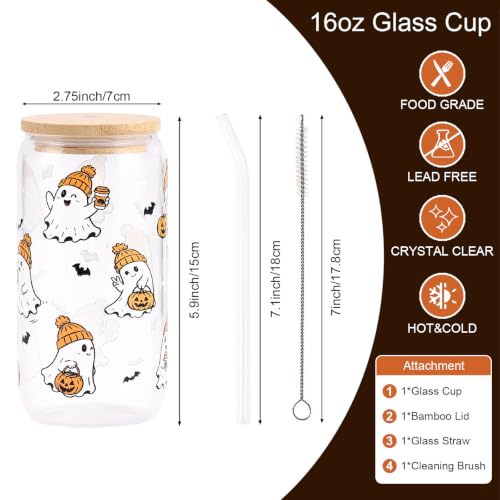 Halloween Ghost Gift Cute Pumpkin Glass Cup with Lid & Straw - Hat Ghost Variation