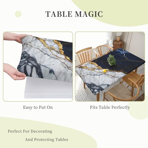 Black and White Marble Texture Tablecloth - 50 x 25 Inches Rectangular with Elastic Edge, Washable Kitchen Dining Cover - Fiokroo