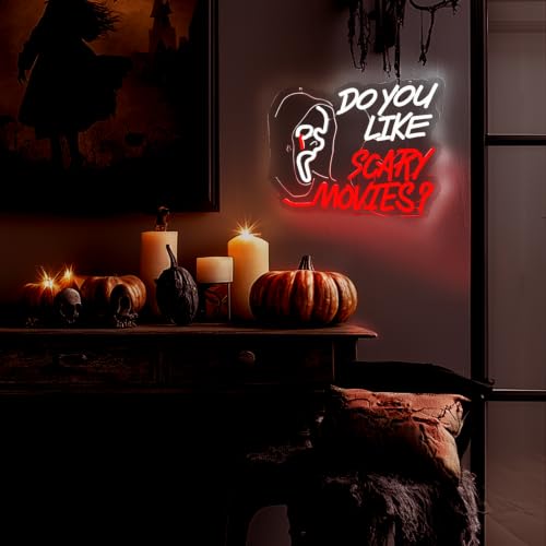 Scary Movies Neon Sign Wall Decor - White+Red Horror Theme for Game Room & Man Cave