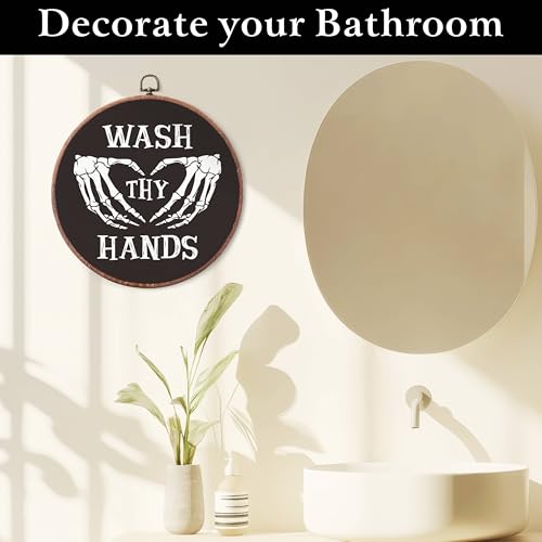 Gothic Round Canvas Wall Art - Wash Hands Skeleton Dark Bathroom Decor